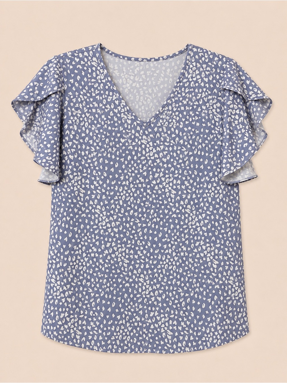 Womens Blue Printed Ruffle Sleeve V-Neck Top